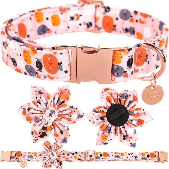 New Halloween Dog Collar with Flower, Pumpkin Cotton Flower Collar M Girl Dog, - Picture 5 of 10